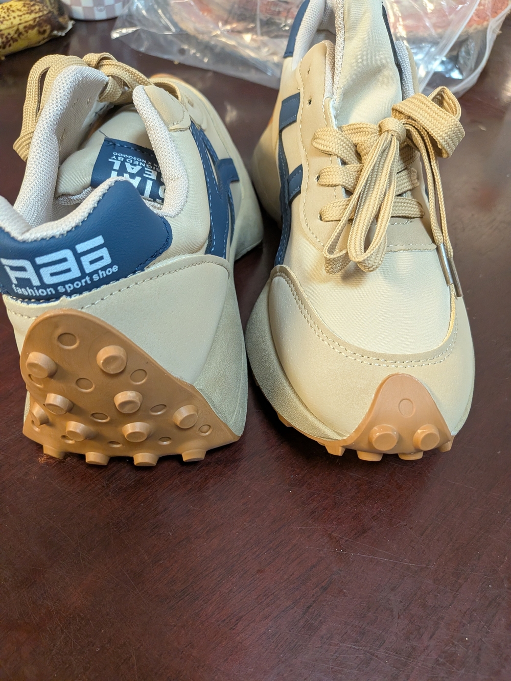 Beige and Navy Women's Retro Trainer Sneakers - Picture 4 of 7